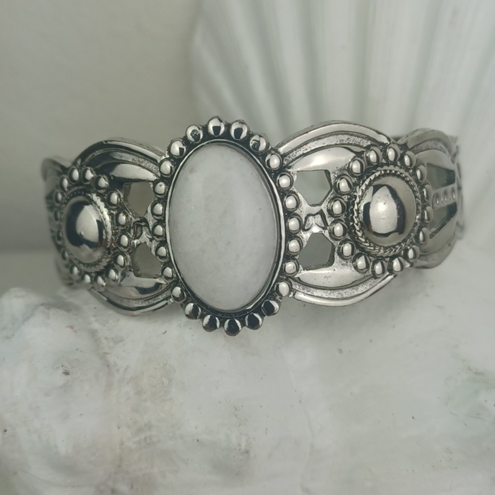 Silver-Tone White Stone Ornate Cuff Bracelet With Boho Southwest Vibes